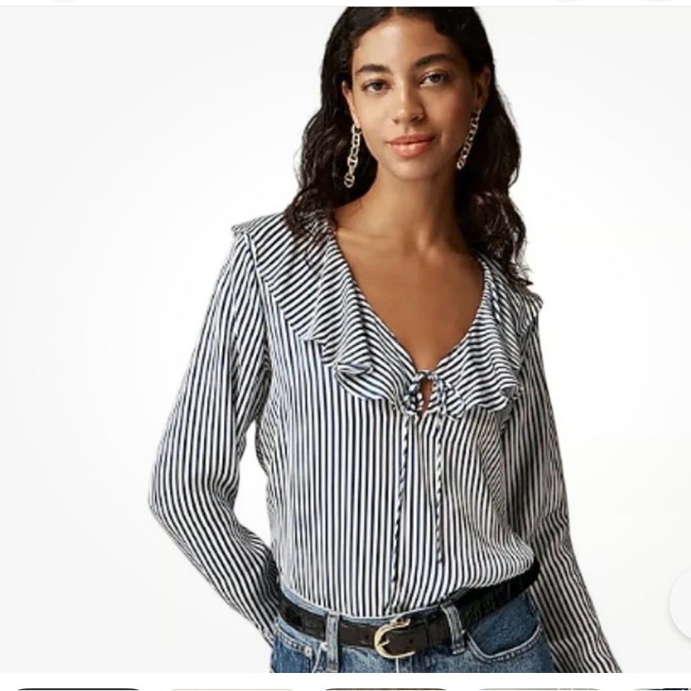 NWTs J. Crew Goldie Top Navy White Striped Long Sleeve Ruffle Tie Neck Size SM